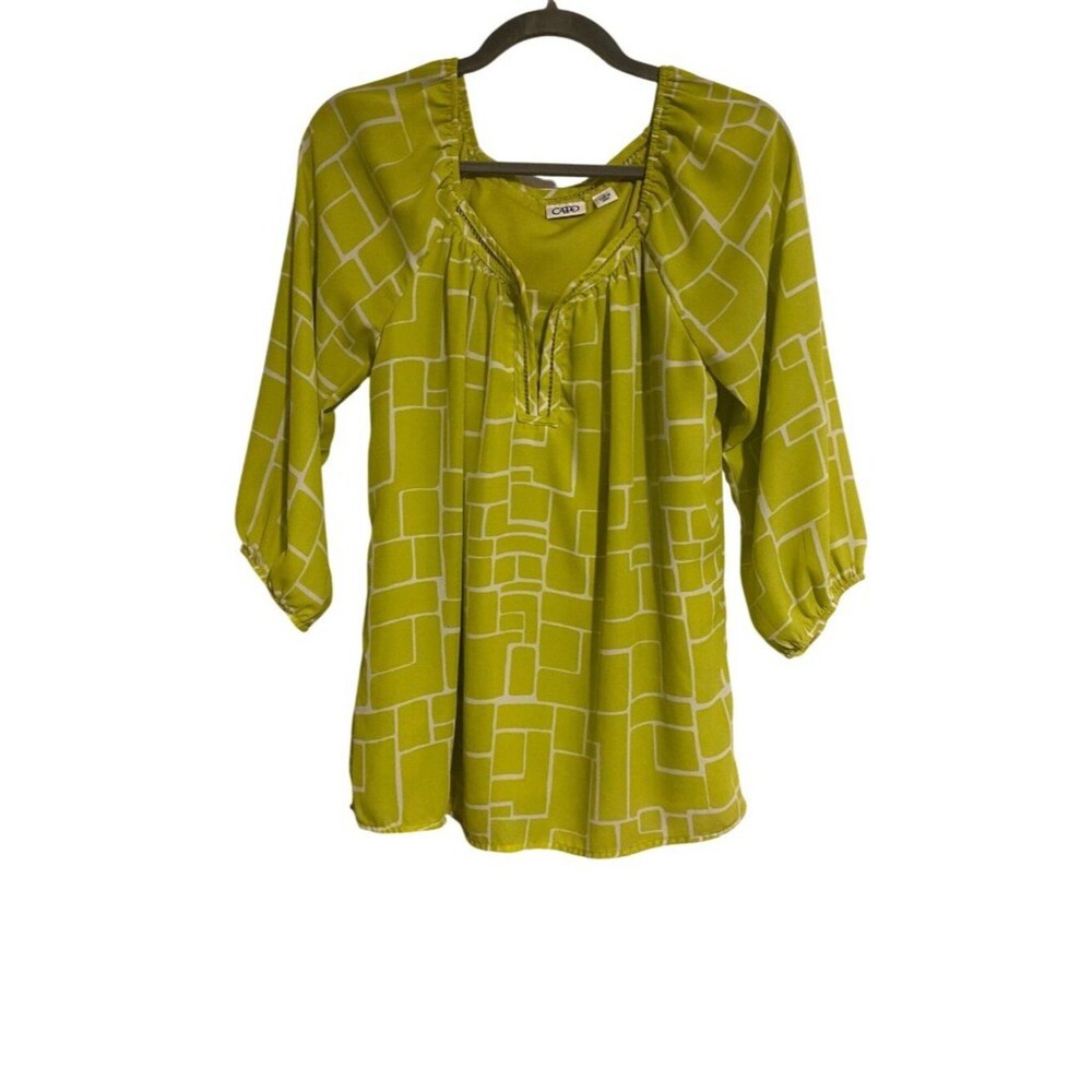 Cato Top Women's S Green White Geometric Peasant Blouse Lightweight Lined Flowy